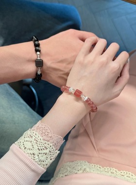 天然草莓晶银曜石手链七夕情侣款恋爱小方块招正缘送女友希洛阁