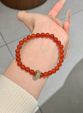 天然和田玉红玛瑙手链女款单圈时尚百搭饰品礼物送女友闺蜜生日礼