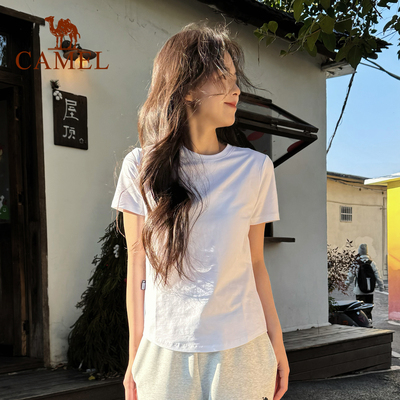 热巴同款骆驼正肩T神短袖T恤女白色冰感短款打底弹力修身显瘦上衣
