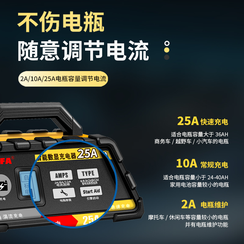 nfa纽福克斯汽车电瓶充电器大功率全自动智能12V蓄电池充电机修复
