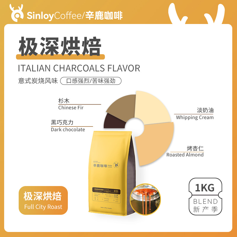 SINLOY 意式特浓 极深烘焙 低酸炭烧风味咖啡豆 可现磨咖啡粉 1kg