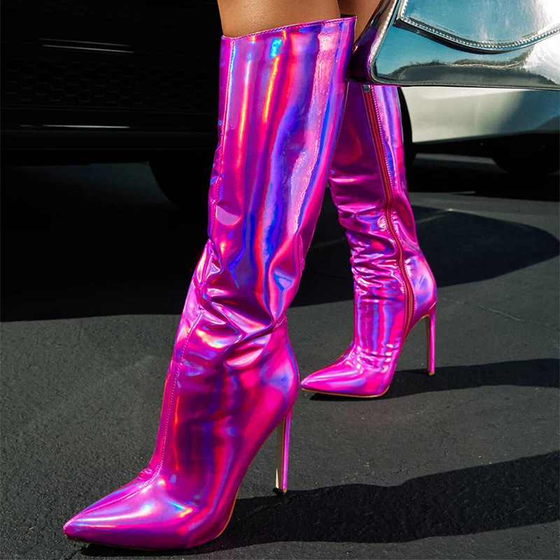 women high heel boots long boots 漆皮大码42亮面尖头高跟女靴 - 图0