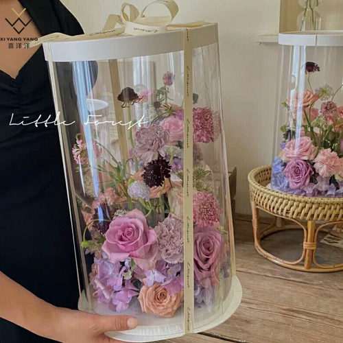 透明加高圆柱形花盒抱抱桶蛋糕花盒圆形抱抱桶花艺包装盒插花盒 - 图1