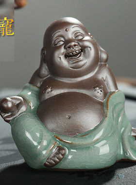 特价哥窑琴棋书画弥勒佛像小和尚紫砂茶具开片茶宠多肉摆件