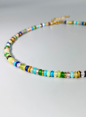 天然宝石夏季彩色串珠多巴胺项链女锁骨链小众设计高级轻奢气质潮