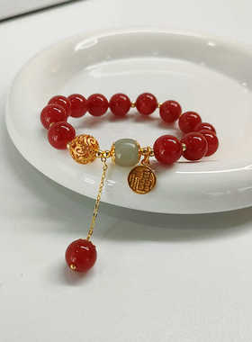 高级7A级天然红玛瑙福牌和田玉弹力串珠手链女新中式复古气质礼物