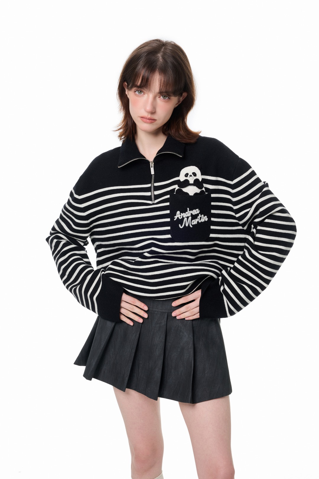 Andrea Martin 25秋冬新品黑白套头熊猫钩织针织衫黑白条纹半拉链 - 图0