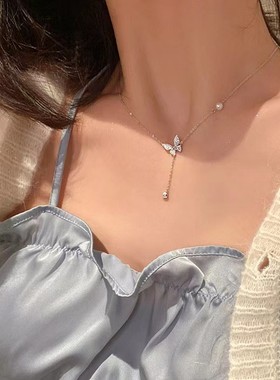 蝴蝶珍珠流苏项链纯银女小众