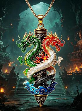 国潮珐琅双龙绕柱吊坠男士鎏金盘龙挂坠开运招财护身转运霸气项链