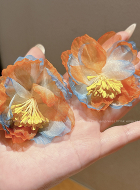 海边度假风橙色花朵大耳环小众