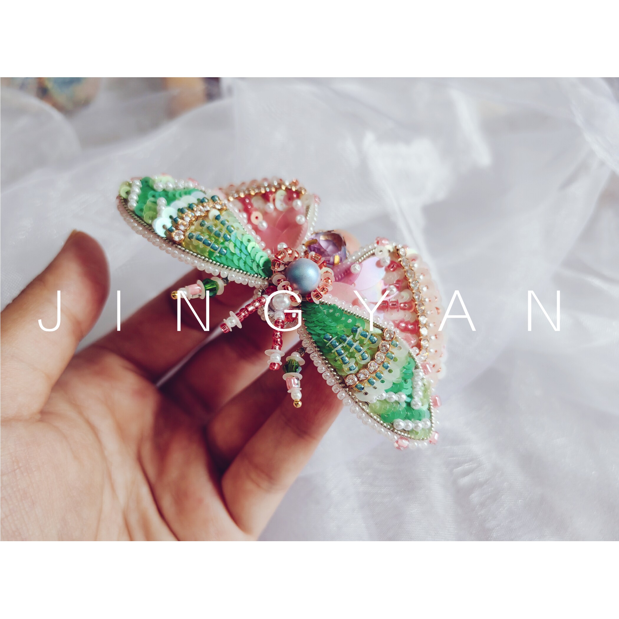 鲸言十二花神【桃花】原创法式刺绣昆虫珠绣立体绣DIY材料包教程_虎窝淘