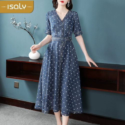 isaly Летняя длинная длинная юбка, джинсовый ретро приталенный корсет, платье, V-образный вырез, оверсайз