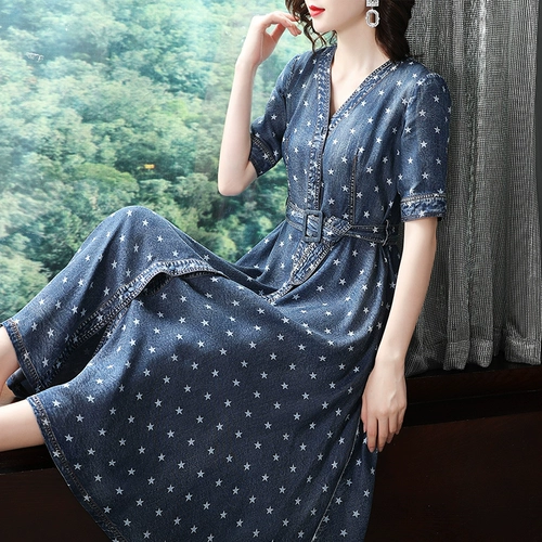 isaly Летняя длинная длинная юбка, джинсовый ретро приталенный корсет, платье, V-образный вырез, оверсайз