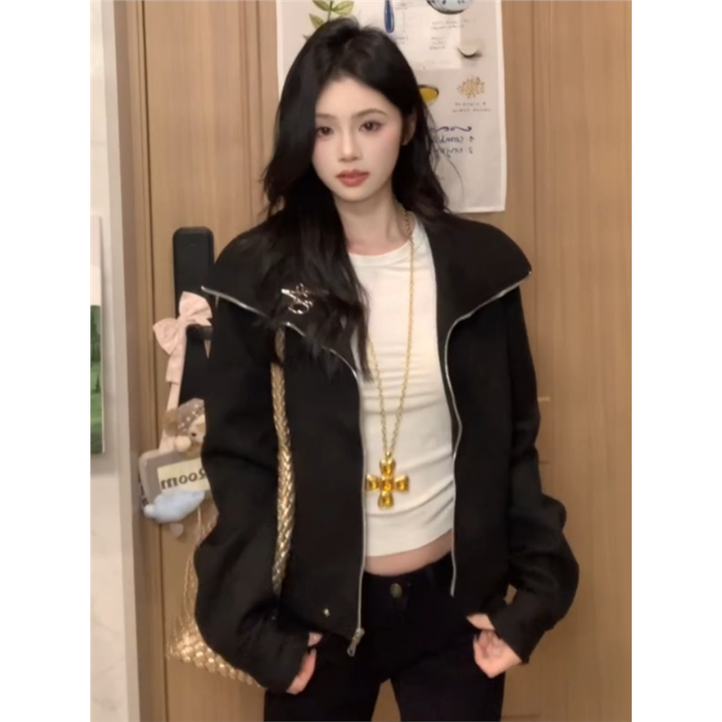 美式复古小个子黑色翻领外套女春秋新款设计感宽松百搭短款夹克潮,淘宝优惠券,粉丝福利购,淘宝优惠卷