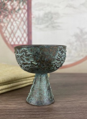 铜一统天下青铜锈酒杯摆件双龙戏珠供奉杯家居装饰杯工艺品杯