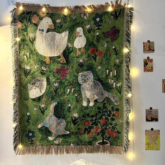 韩系ins治愈高颜值小猫咪挂毯 棉线编织针织装饰艺术挂毯流苏壁毯