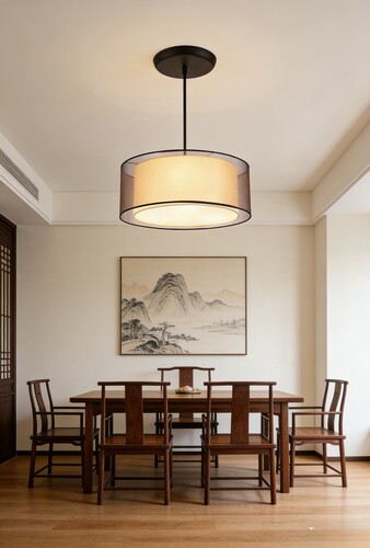 现代简约羊皮美式餐厅吊灯客厅卧室中式灯圆形麻将馆咖啡吧台灯具 - 图0