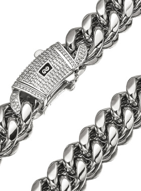 迈阿密锆石弹簧扣钛钢古巴项链