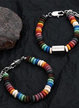 原创ins风彩色火山石钛钢手链