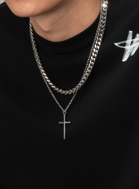 欧美新款双层钛钢十字架项链