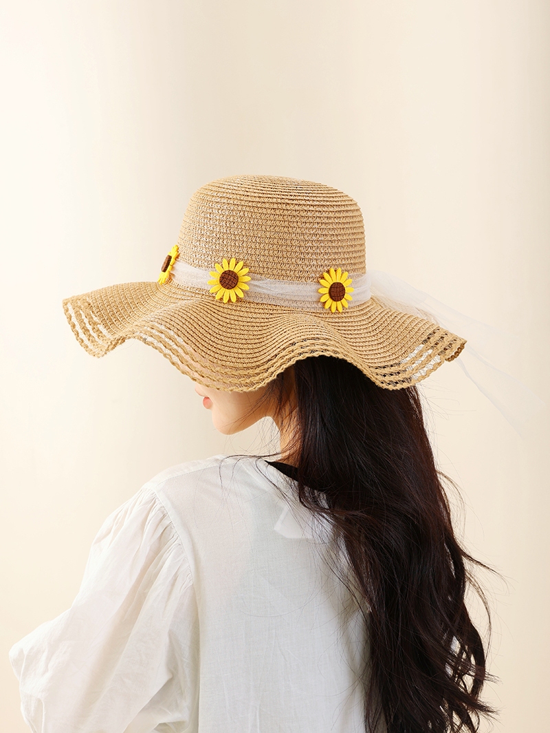 网纱大波浪草帽女夏季时尚太阳帽户外海边度假花朵沙滩帽遮阳帽子 - 图0
