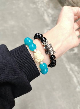 原创设计款蓝色水晶手链高冰天河石混搭风天黑曜石原创手串单圈女