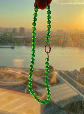 7A级天然翡翠阳绿色冰种绿玉髓圆珠锁骨链原创设计女款玛瑙毛衣链