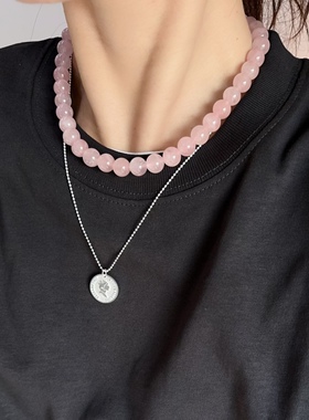 天然马达加斯加粉水晶锁骨链西柚粉马粉圆珠项链国风新中式芙蓉石
