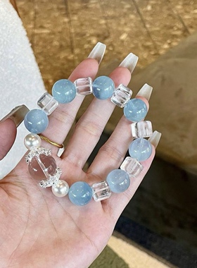 天然海蓝宝蓝天白云手链搭配阿塞方糖白水晶手串原创女款老矿