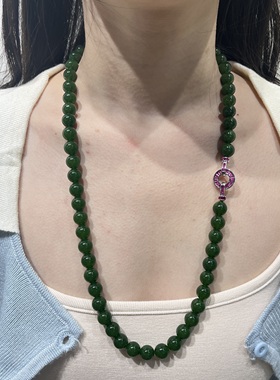 天然俄罗斯碧玉大颗粒项链长款新中式和田玉毛衣链菠菜绿原创女款