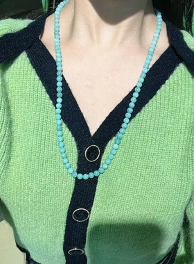 天然缅甸翡翠果绿色圆珠项链长款玉毛衣链原创新中式国风女款礼物