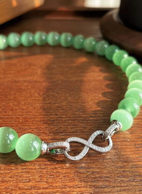 天然专柜正品绿猫眼石圆珠锁骨链果绿色新中式显白百搭项链原创女