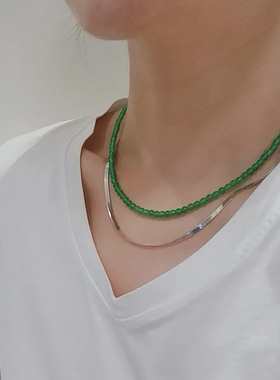 天然翡翠色冰种绿玉髓小米珠锁骨链阳绿色玛瑙项链新中式原创女款