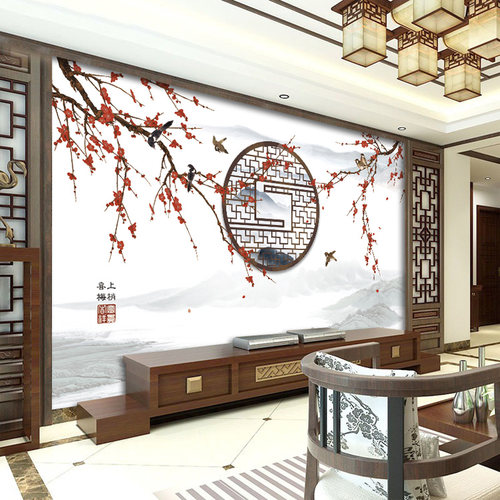 喜上眉梢新中式电视背景墙壁纸花鸟墙纸卧室客厅无缝墙布壁画953 - 图0