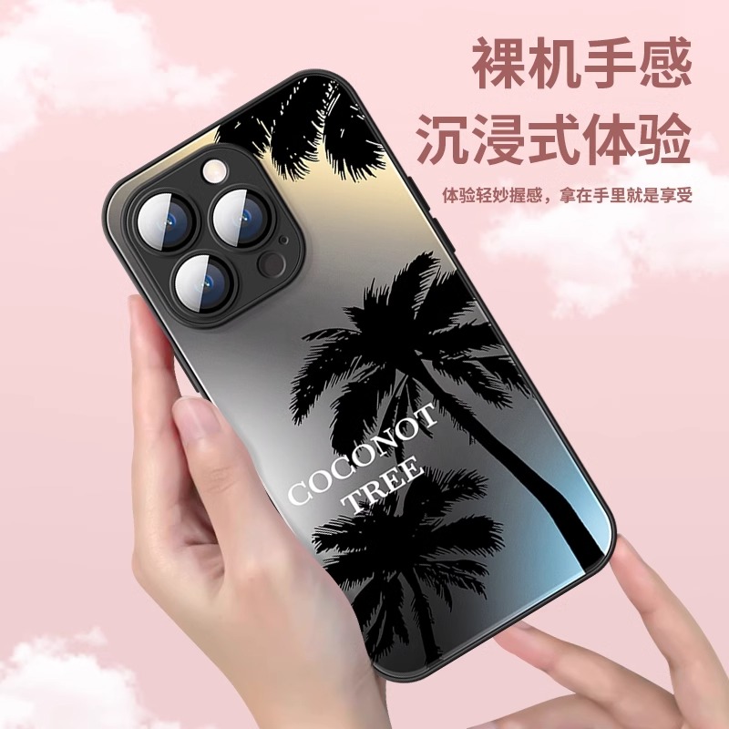 椰树高级感适用苹果15promax手机壳新款14pro玻璃iPhone12女款13pro小众11创意6/8/7plus防摔xs/xm全包保护套 - 图1