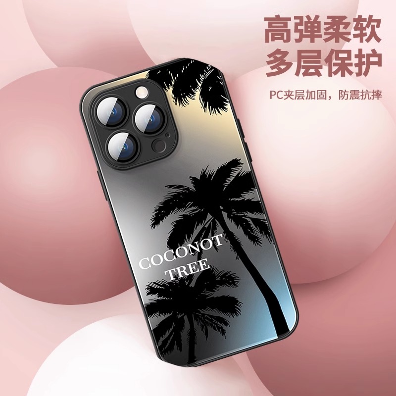 椰树高级感适用苹果15promax手机壳新款14pro玻璃iPhone12女款13pro小众11创意6/8/7plus防摔xs/xm全包保护套 - 图0