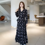 Осенний шифоновый сверхдлинный лонгслив, приталенное платье, V-образный вырез, А-силуэт