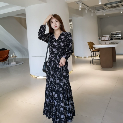 Осенний шифоновый сверхдлинный лонгслив, приталенное платье, V-образный вырез, А-силуэт