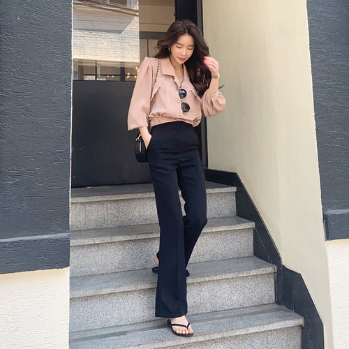 Летний костюм, приталенные штаны, черные повседневные брюки для отдыха, 2023, в корейском стиле, высокая талия