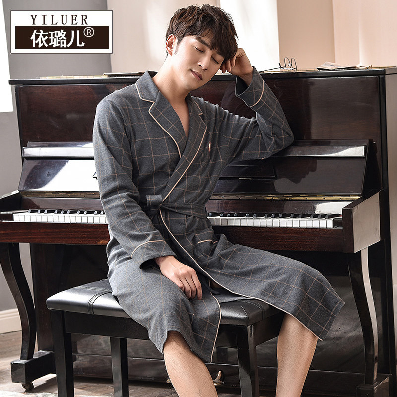 男士春秋季纯棉中长款加大码睡袍 依璐儿睡袍/浴袍