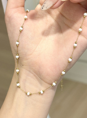 法式复古简约白色天然石项链女钛钢精致串珠小众设计高级感锁骨