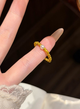 法式复古线圈弹力绳戒指女轻奢珍珠食指指环清冷风感小众设计