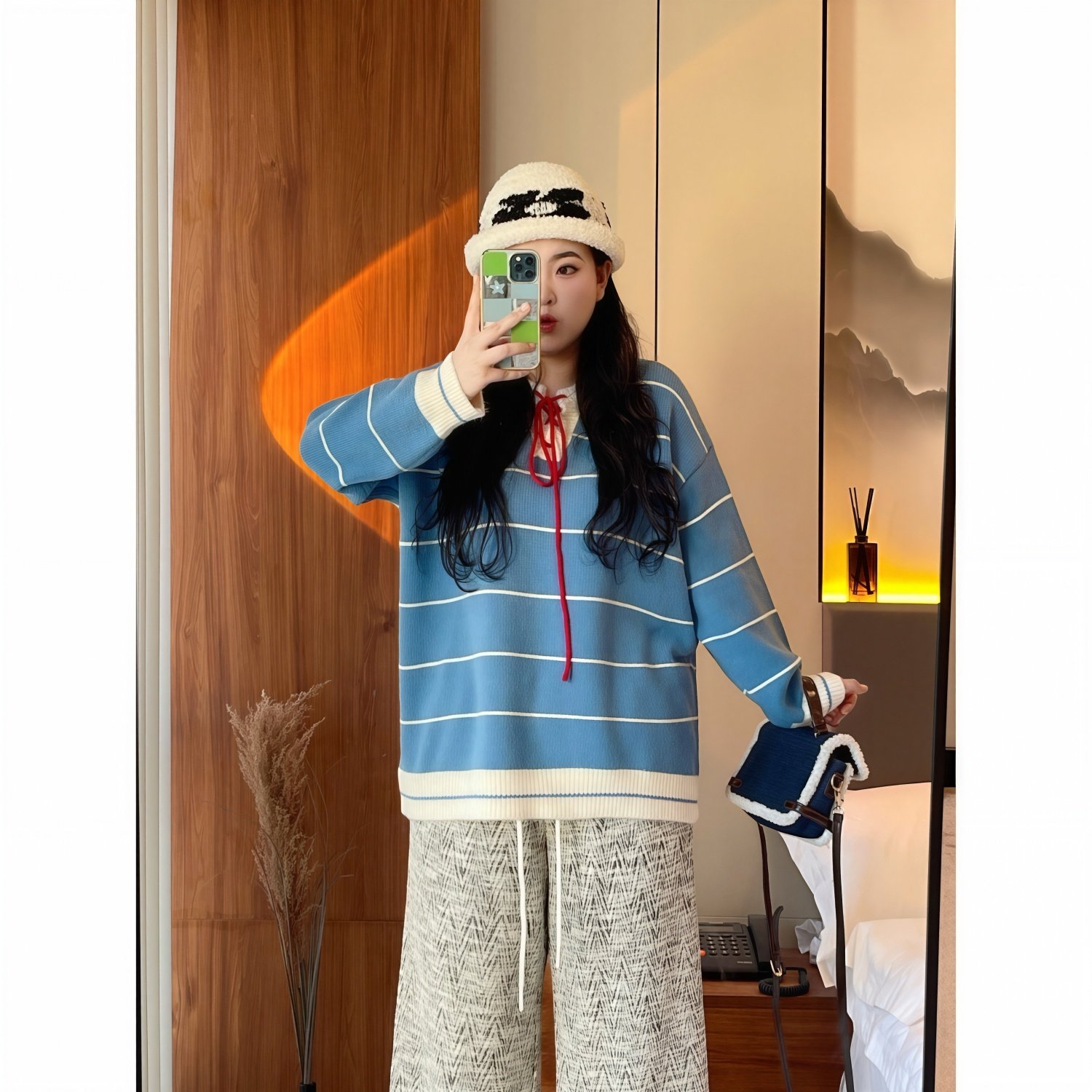 梵朵大码女装16174秋冬新款胖MM撞色宽松针织毛衣慵懒风系带上衣,淘宝优惠券,粉丝福利购,淘宝优惠卷