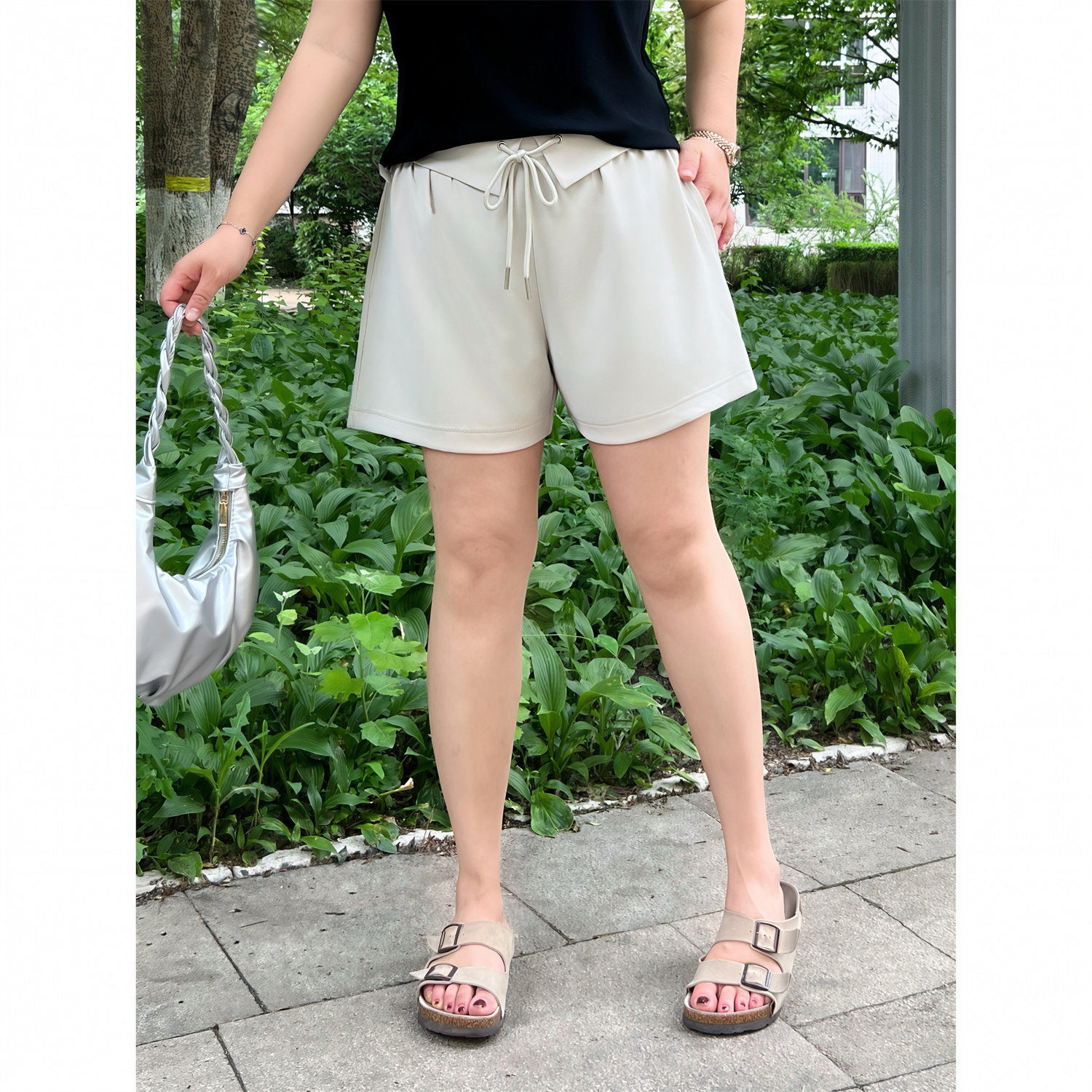 花契大码裤装18269通勤休闲卷边短裤女胖mm高腰宽松显瘦阔腿热裤,淘宝优惠券,粉丝福利购,淘宝优惠卷