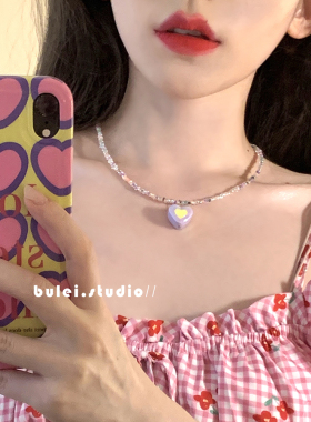 串珠多巴胺彩色爱心撞色项链