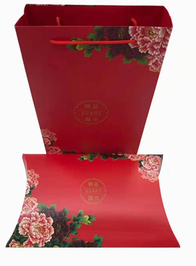 高档包装盒子羊绒红黑色牡丹围巾