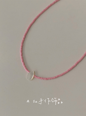 甜美粉色串珠项链女锁骨链