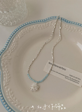 蓝色串珠项链女锁骨链
