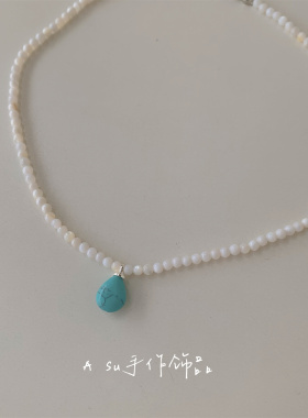 蓝色系圆珠链项链女锁骨链
