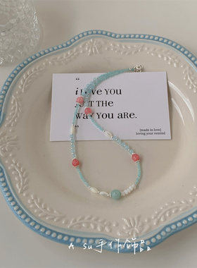 天然拼色圆珠项链女锁骨链颈链